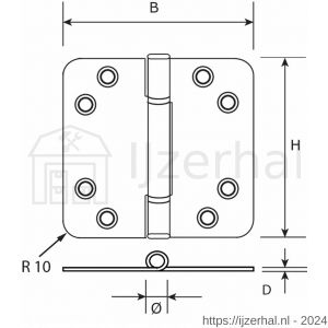 Dulimex DX H365E89895105 nylon glijlagerscharnier 3 mm doorgezette knoop ronde hoeken 89x89 mm RVS pen RVS geborsteld - L30204187 - afbeelding 2