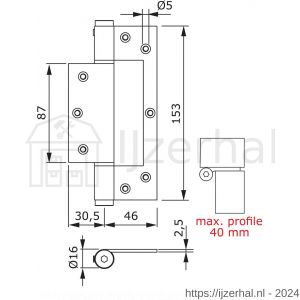 Justor STW 150 SE deurveerscharnier enkel 150 mm hangnaad 2.5 mm aluminium zilver - L30204850 - afbeelding 2