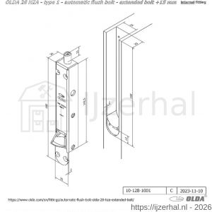 Olda 28 HZA 15 T1 automatische kantschuif type 28 HZA type 1 verlengde schoot +15 mm staal verzinkt voor houten deuren - L30205027 - afbeelding 2