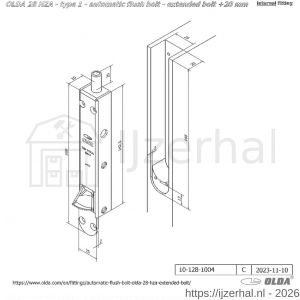 Olda 28 HZA 20 T1 automatische kantschuif type 28 HZA type 1 verlengde schoot +20 mm staal verzinkt voor houten deuren - L30205030 - afbeelding 2
