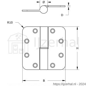 Dulimex DX H179D89892125 kogelstiftpaumelle ronde hoeken 89x89 mm doorgezette knoop rechts staal verzinkt SKG*** - L30204880 - afbeelding 2