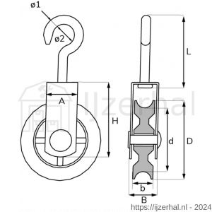 Dulimex DX 953-75E katrol enkel spitse haak polyamide wiel 75 mm elektrolytisch verzinkt per stuk gelabeld - L30204746 - afbeelding 2