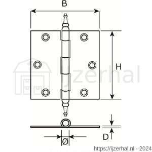 Dulimex DX H163-76761001 vaasknopscharnier 76x76 mm losse vermessingde pen staal vermessingd - L30201724 - afbeelding 2