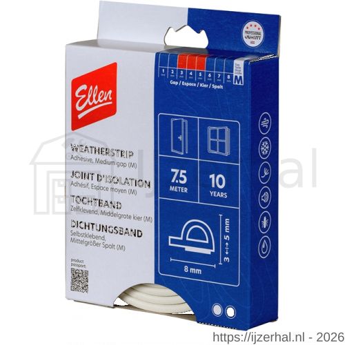 Ellen inbouwprofiel tochtband kunststof zelfklevend Weatherstrip Medium gemiddelde kier wit 7.5 m - L51010407 - afbeelding 1